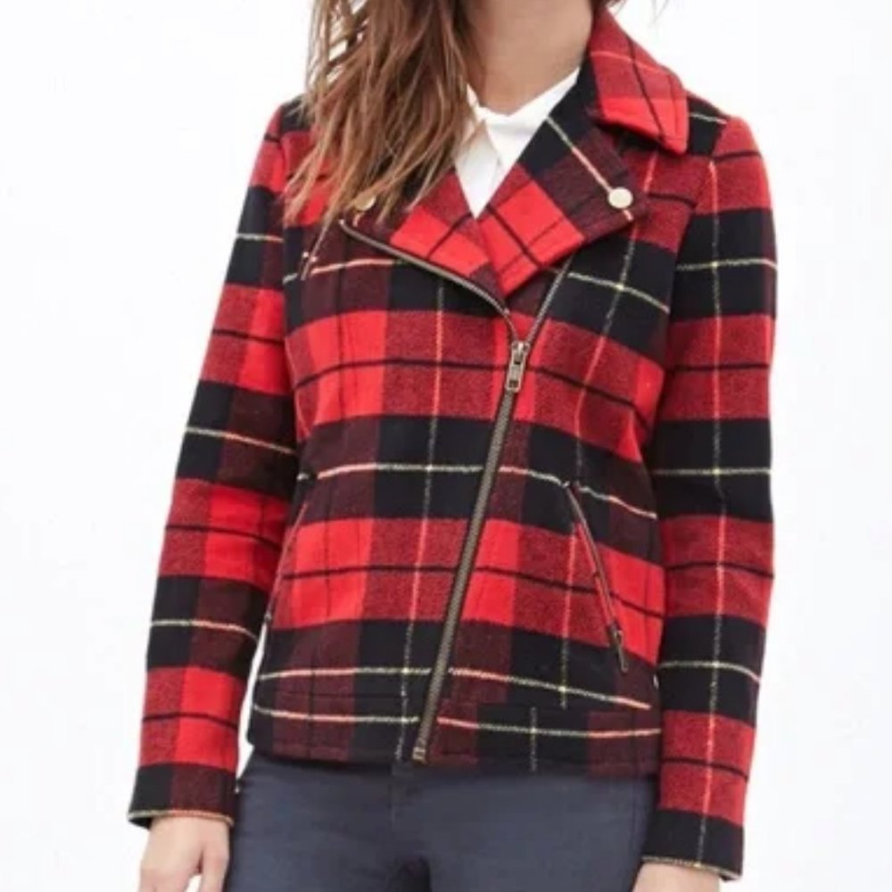 Forever 21 Premium Label Wool-Blend Buffalo Plaid Moto Zip-Up Jacket